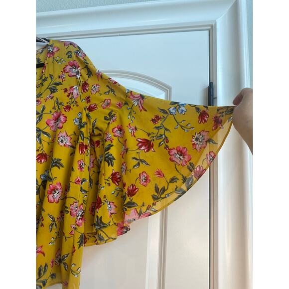 Nanette Yellow with Pink and Green Floral Pattern, Dramatic Bell Sleeve Blouse - Picture 2 of 6